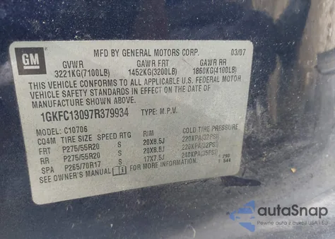2007 GMC Yukon Slt from USA, damaged, VIN 1GKFC13097R379934